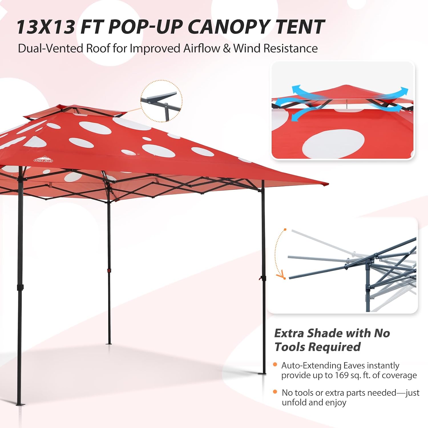 EAGLE PEAK 13x13 Straight Leg Pop Up Canopy Tent Instant Outdoor Canopy Easy Single Person Set up Folding Shelter w/Auto Extending Eaves 169 Square Feet of Shade (Red Mushroom)