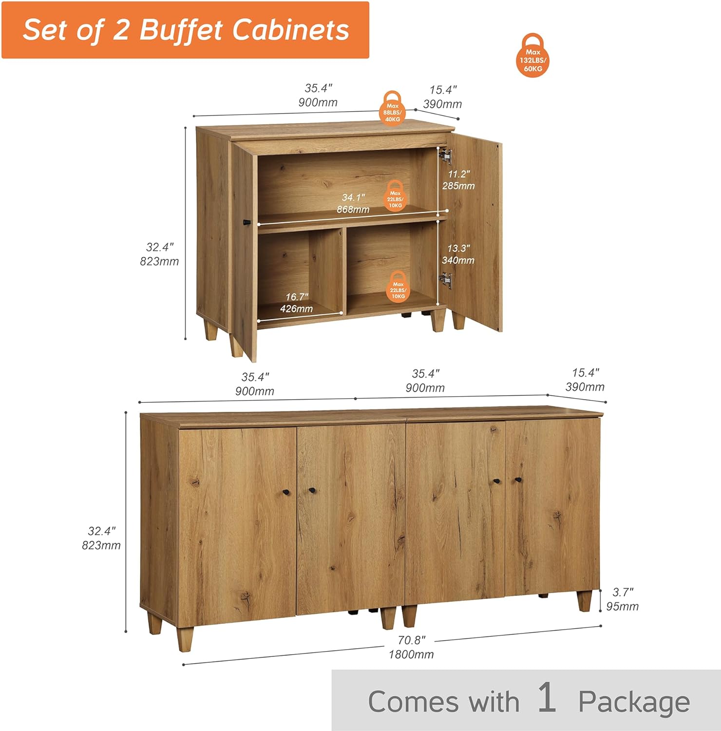 WAMPAT TV Stand Cabinets for TVs up to 75 Inches, 2-in-1 Wood Entertainment Center with Doors and 6 Compartments, 70.8' Modern Media Console Table with Storage for Living Room Bedroom, Oak Brown