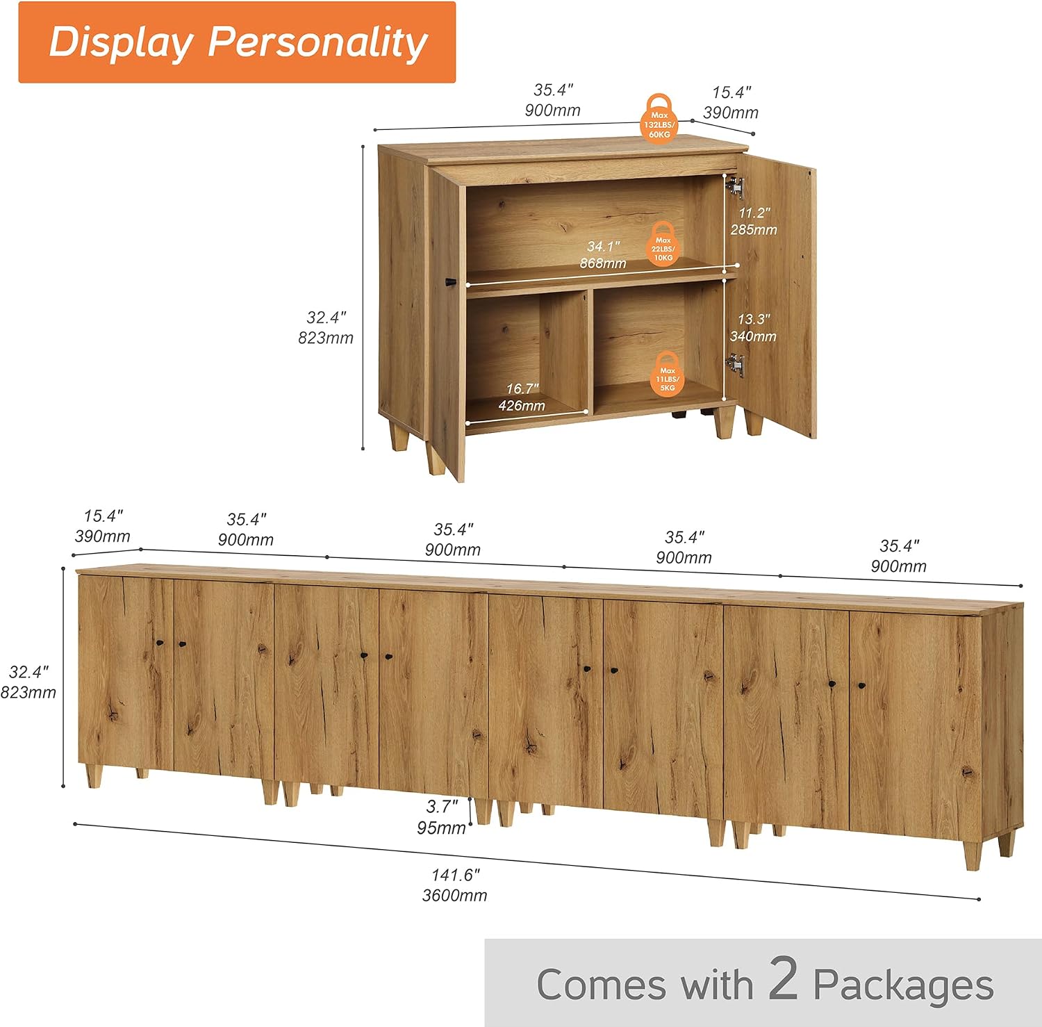WAMPAT TV Stands Entertainment Center for 100+ Inch TVs, 4-in-1 Wood Television Stand with Doors, 141.6' Extra Wide Modern Media Console Tables with Storage Cabinets for Living Room, Oak Brown