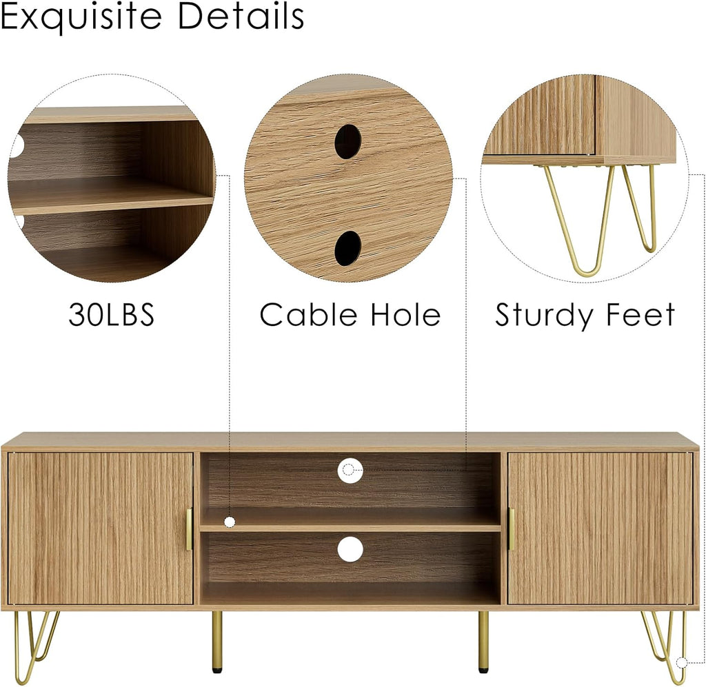 TV Stand for 55-65 Inch TV, Entertainment Center with Soft Hinge Door,TV Console Table with 2 Cabinets with Gold Handle and Feet,for Living Room, Bedroom, Oak