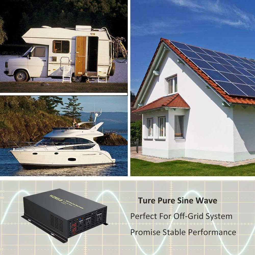 WZRELB 1000W 24VDC 120VAC Pure Sine Wave Power Inverter with 2 AC Outlets Wired Remote Control Car Inverter (RBP-100024WR)