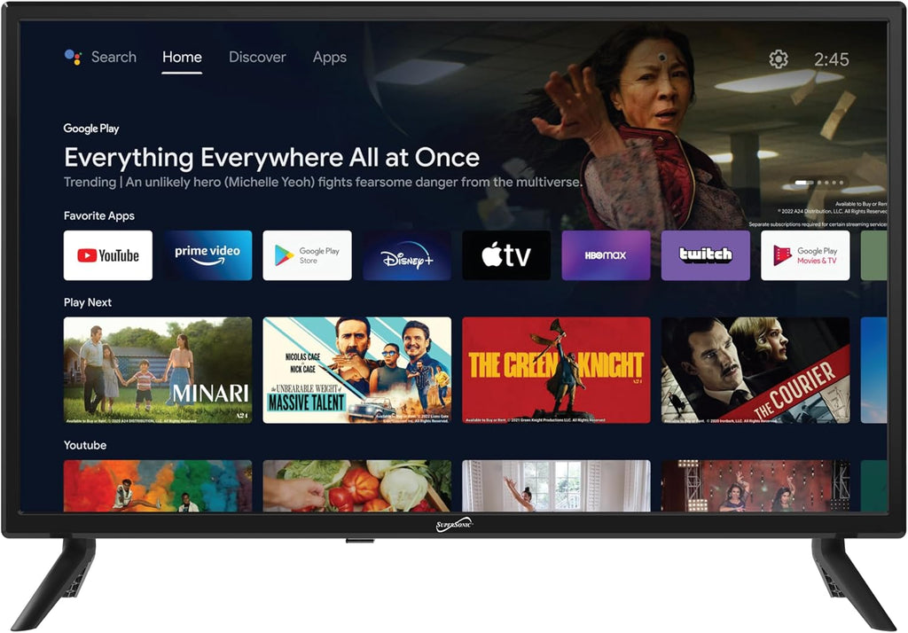 Supersonic SC-2450GTV-A 24-inch DLED Smart HDTV with Google Assistant, ATSC & NTSC System, HDMI USB Input, WiFi, 1080p Resolution, 16.7M Colors,60Hz Refresh Rate, Bluetooth, AC/DC Compatible