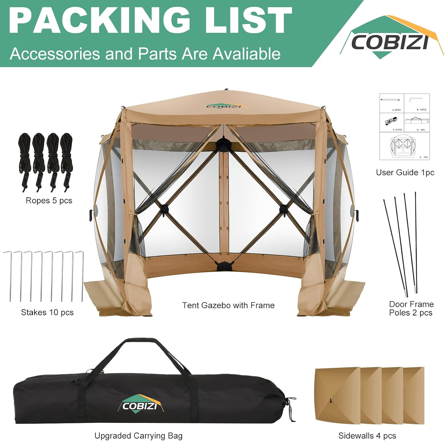 COBIZI 10x10 Pop up Gazebo Screen House Tent for Camping, Pop-up Camping Canopy with Sidewalls, Portable Outdoor Quick-Set Hub Tent with Carrying Bag&Ground Stakes, Khaki(Upgraded 2.0)