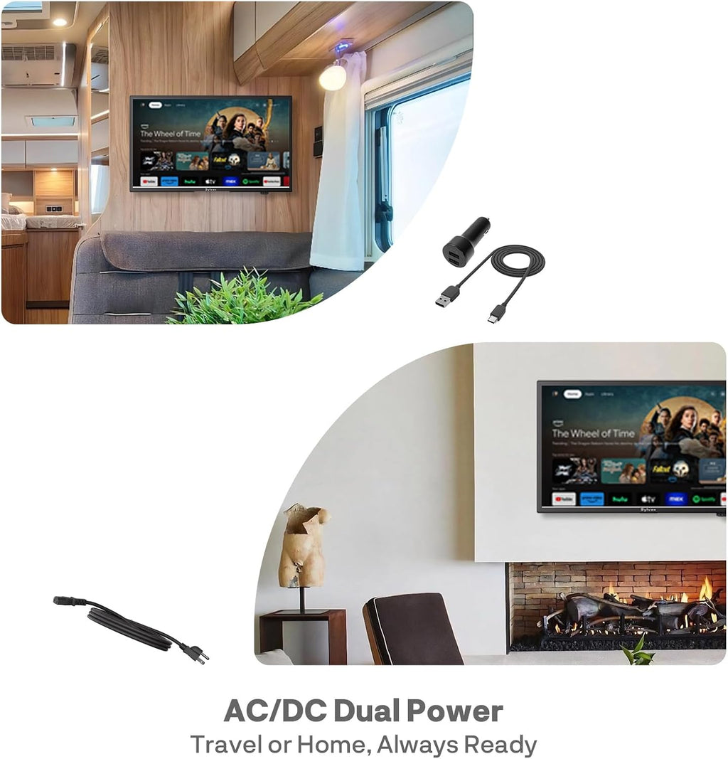 SYLVOX 19-Inch RV TV, 12 Volt Smart TV with Google OS, 178° Wide Viewing, HDMI/USB Ports, AC/DC Power, Voltage Protection for Camper, Motorhome and RV Use