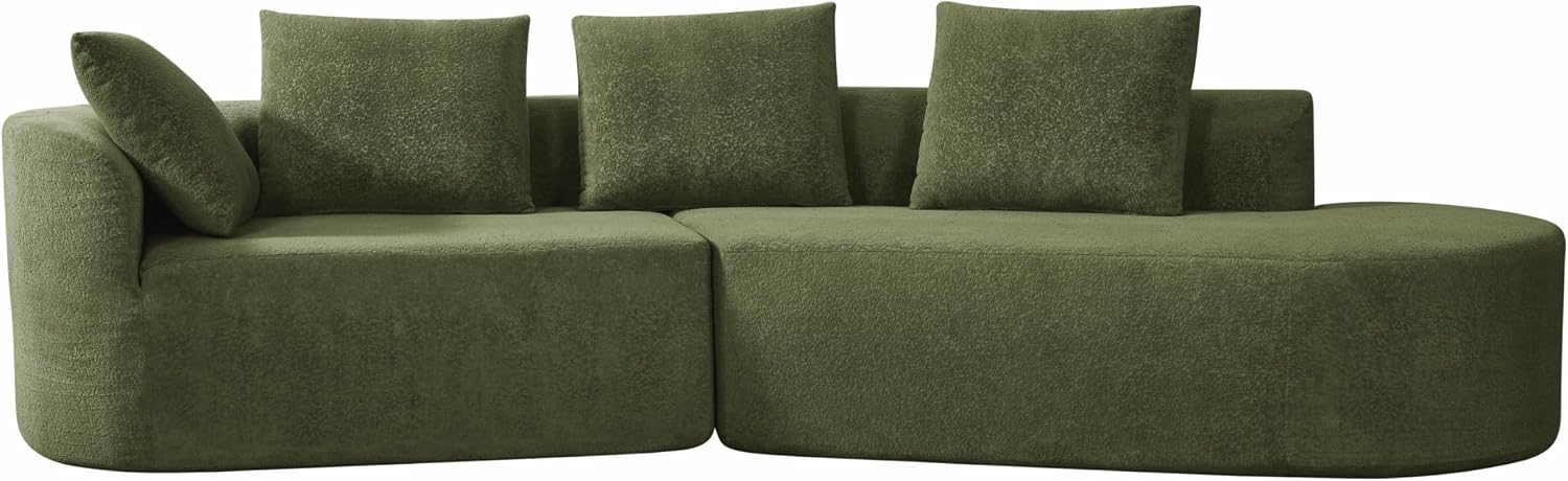 Merax 116' Curved Polyester Sectional Sofa, Modern Pearl Upholstery 3 Seat Cloud Couch with Chaise Lounge & 4 Pillows for Living Room, Green