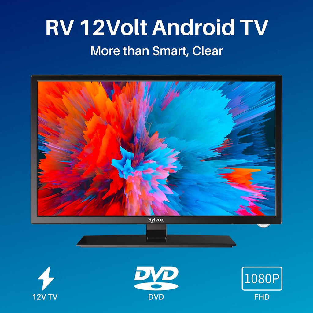 SYLVOX RV TV, 27-Inch 12 Volt Television, Smart Google TV, Full HD 1080P, DVD Built-in, 178° Wide Viewing, HDMI & USB Ports, AC/DC, Wide Voltage Protection, Trailer Seies