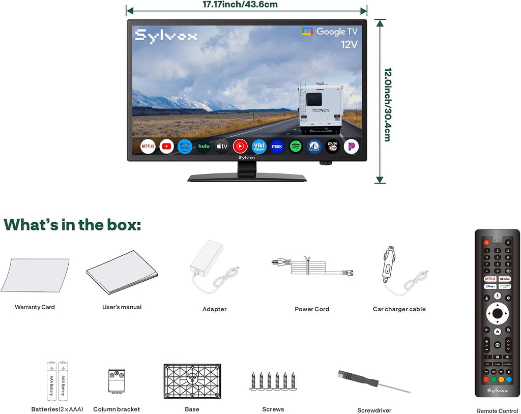 SYLVOX Smart RV TV, 19' 12 Volt TVs for RV Camper DC/AC Powered HDTV, Compatible with Google OS, Support Download APPs, Google Assistant, Bluetooth WiFi, 9-32V Wide Voltage Protection