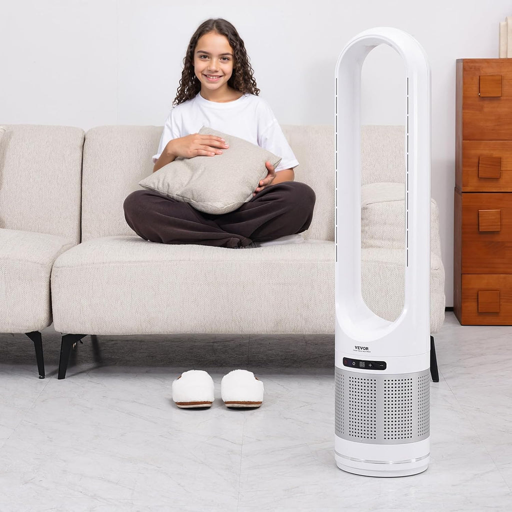 VEVOR Tower Fan Bladeless, 15.4ft/s Velocity Floor Fan that Blows Cold Air, 80° Oscillating 8-Speed Fans, 8H Timer, Standing Fans with H13 HEPA Filtration, Remote Control & Air Purification Mode