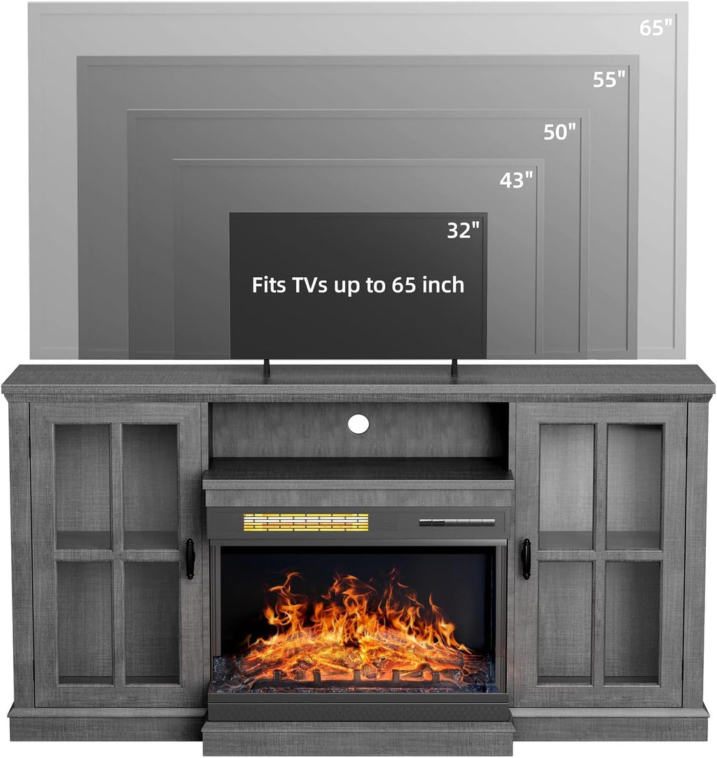 YESHOMY Glass Fireplace TV Stand for Televisions up to 65', Media Entertainment Center Console Table with Doors Closed Storage, Grey Wash