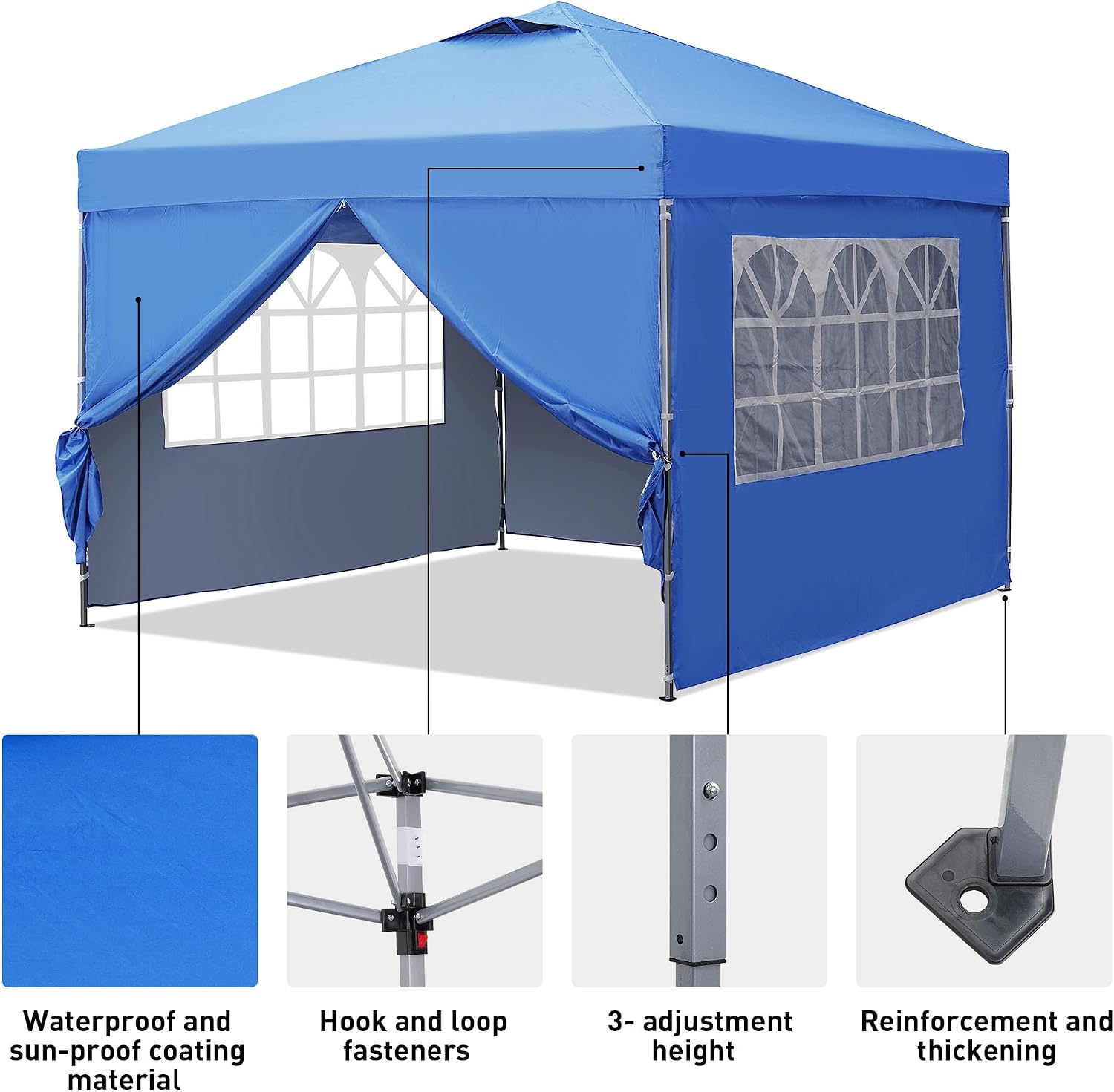GDY 10x10ft Pop Up Canopy Tent with Sidewalls, Beach Tent, Easy Set up Gazebo for Events, Parties, Camping, Blue.