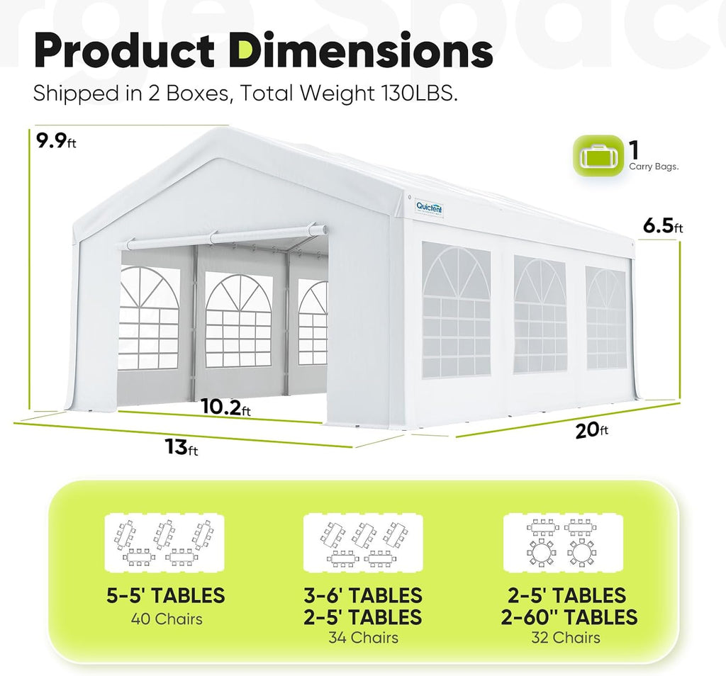 Quictent Premium 13x20 Party Tent Heavy Duty Outdoor Gazebo White Event Shelter Wedding Canopy Tent for Parties Carport BBQ with Removable Sidewall Windows & Storage Bags
