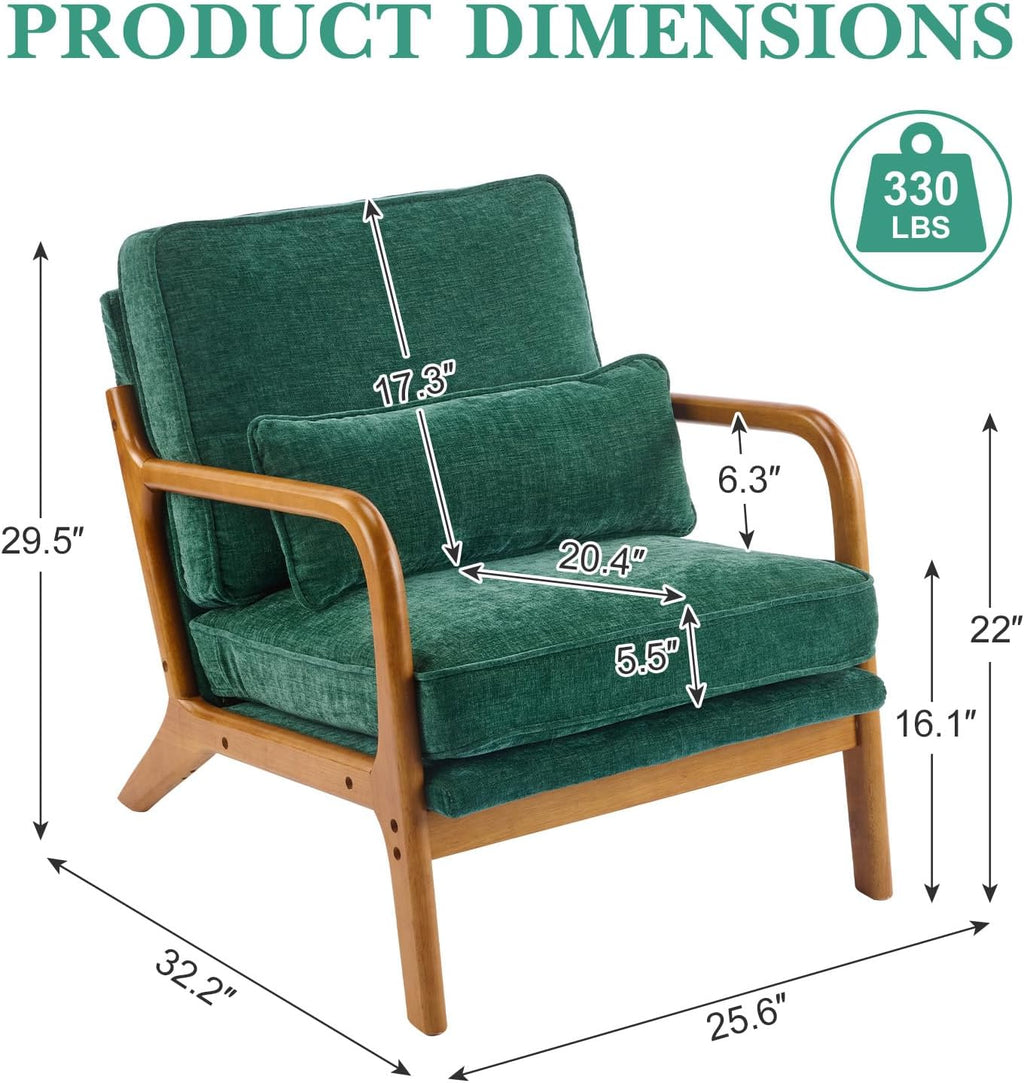 Karl home Mid Century Modern Accent Chair with Lumbar Pillow & Oak Arms – Plush Chenille Living Room Chair for Bedroom, Lounge (Dark Green)
