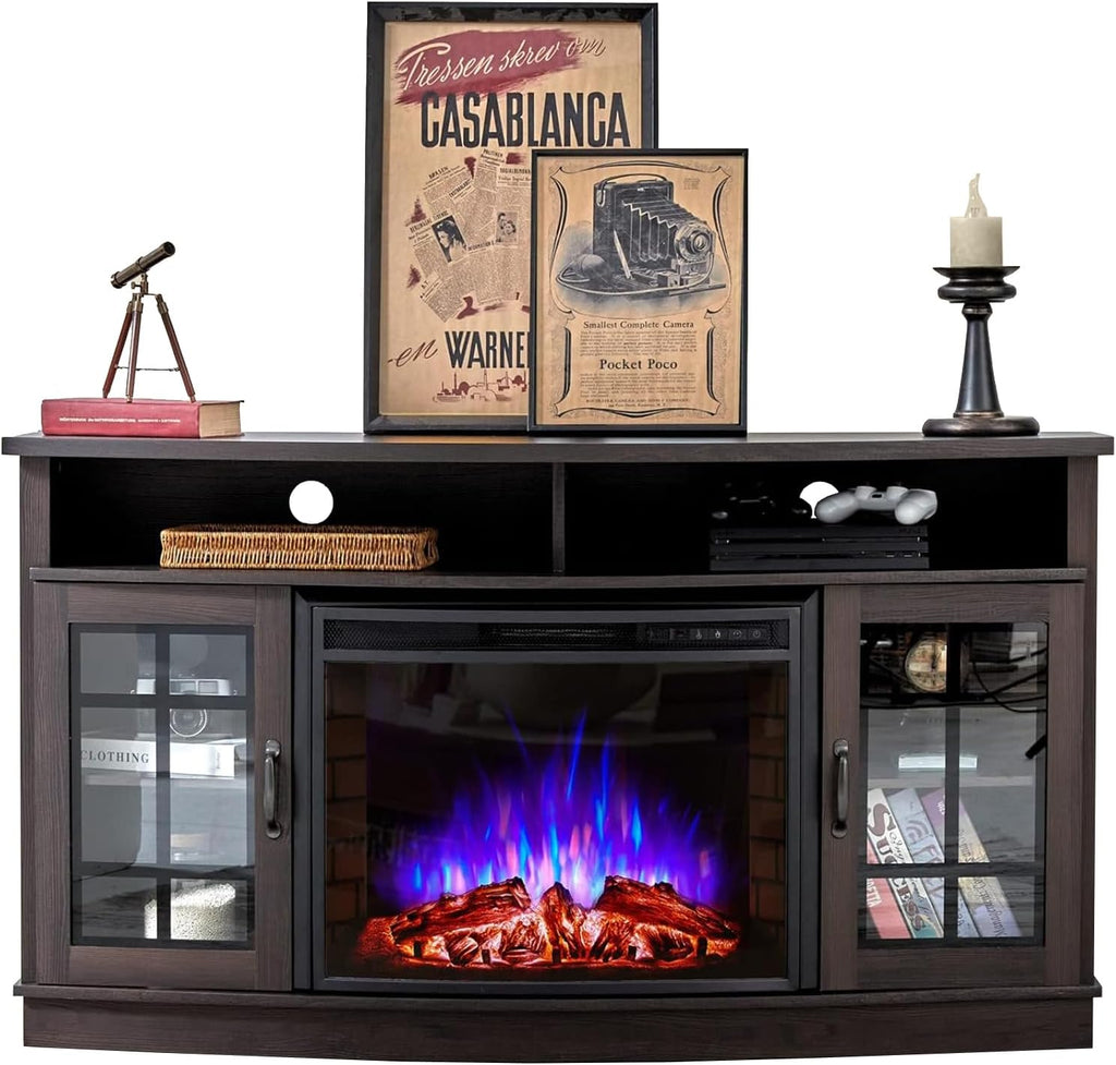AMERLIFE Curved Fireplace TV Stand with 26'' Electric Fireplace, Media Entertainment Center Farmhouse Glass Door Storage Cabinet, Open Shelve Console Table for TVs up to 65'', Espresso