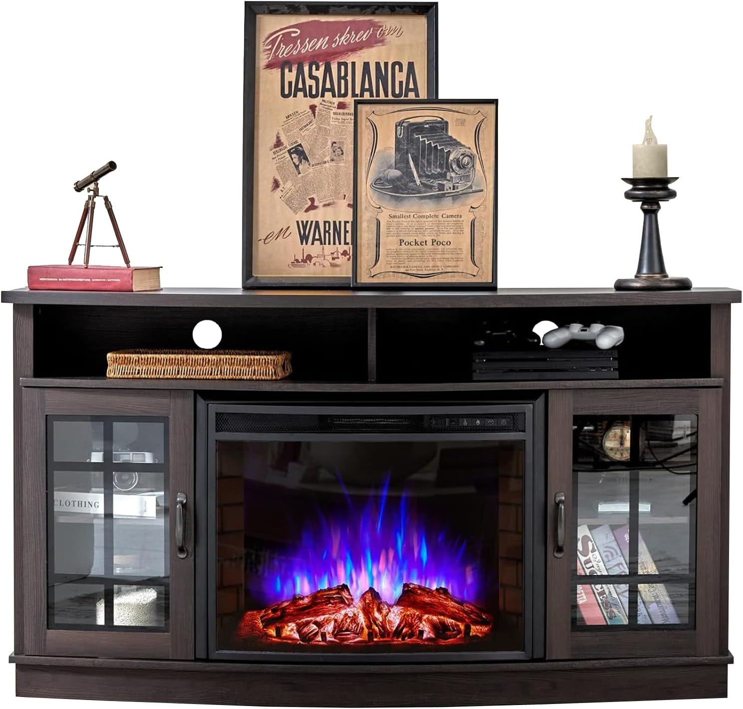 AMERLIFE Curved Fireplace TV Stand with 26'' Electric Fireplace, Media Entertainment Center Farmhouse Glass Door Storage Cabinet, Open Shelve Console Table for TVs up to 65'', Espresso