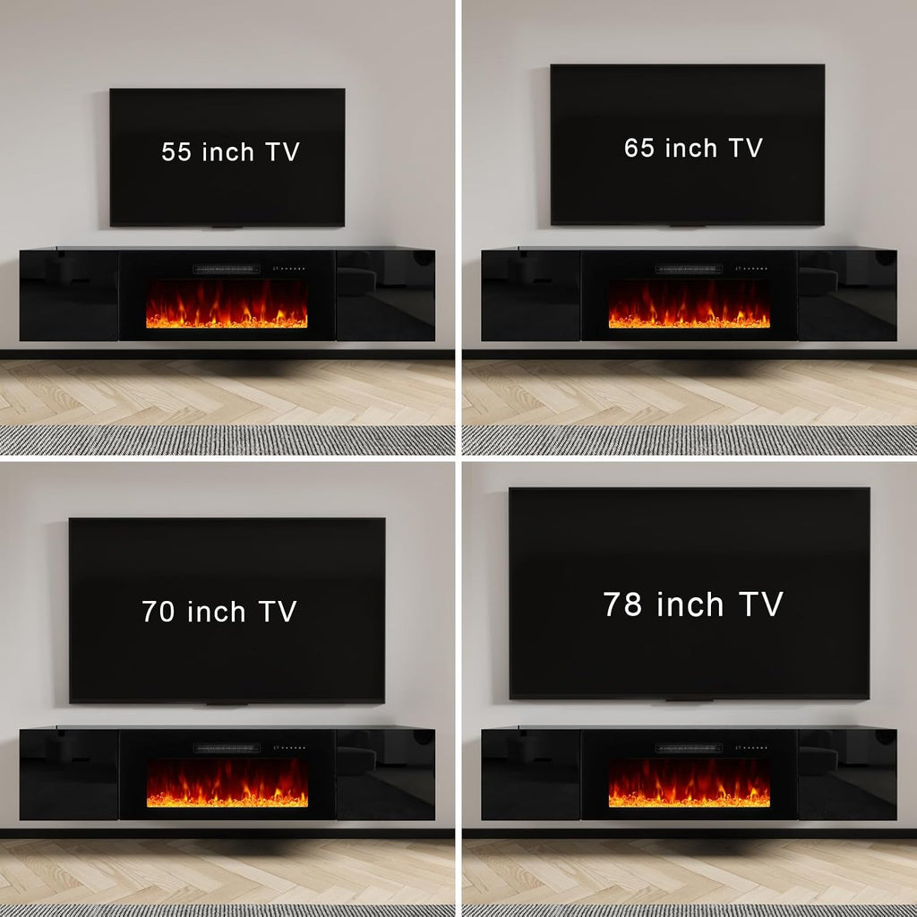 AMERLIFE Floating TV Stand with 36' Electric Fireplace, High Gloss Finish Wall Mounted Fireplace Entertainment Center with Storage for TVs Up to 78', Black
