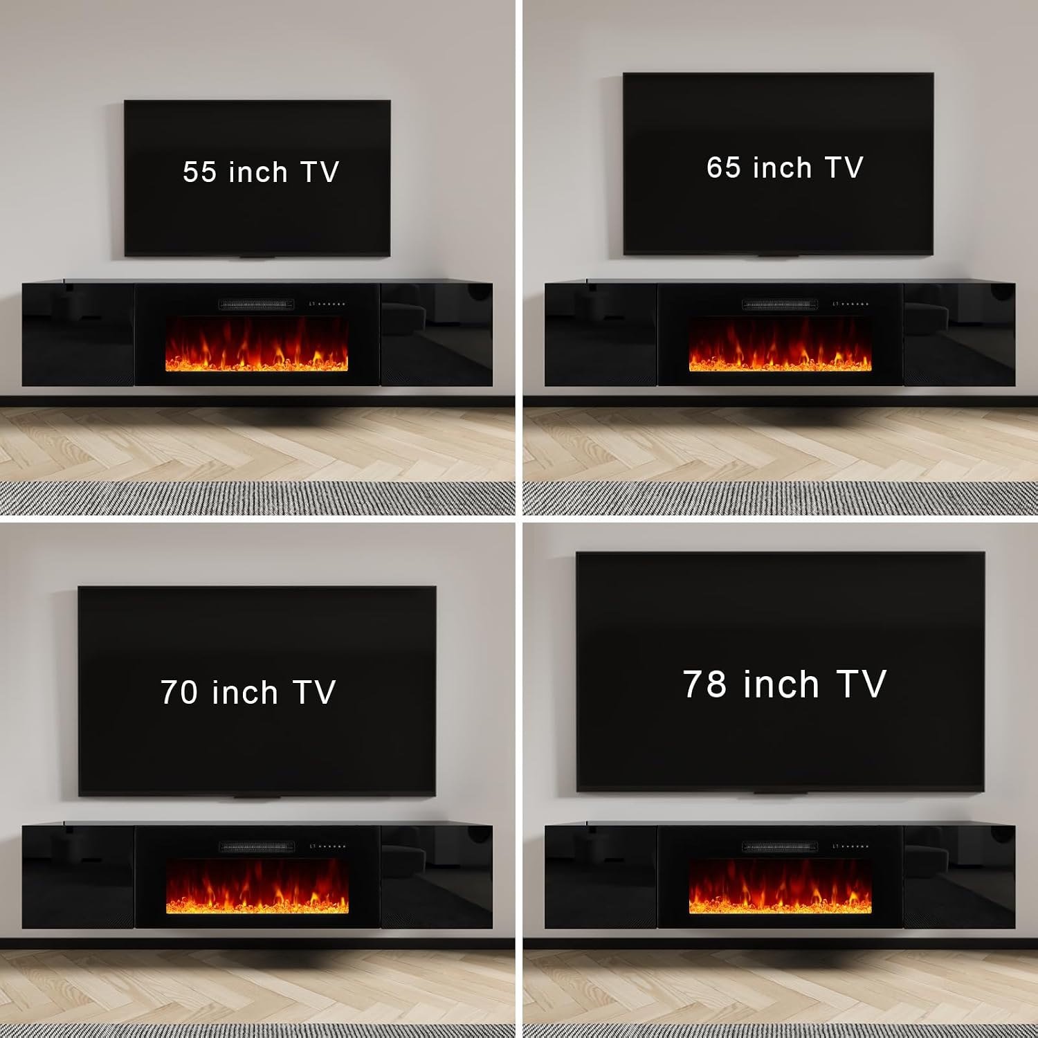 AMERLIFE Floating TV Stand with 36' Electric Fireplace, High Gloss Finish Wall Mounted Fireplace Entertainment Center with Storage for TVs Up to 78', Black