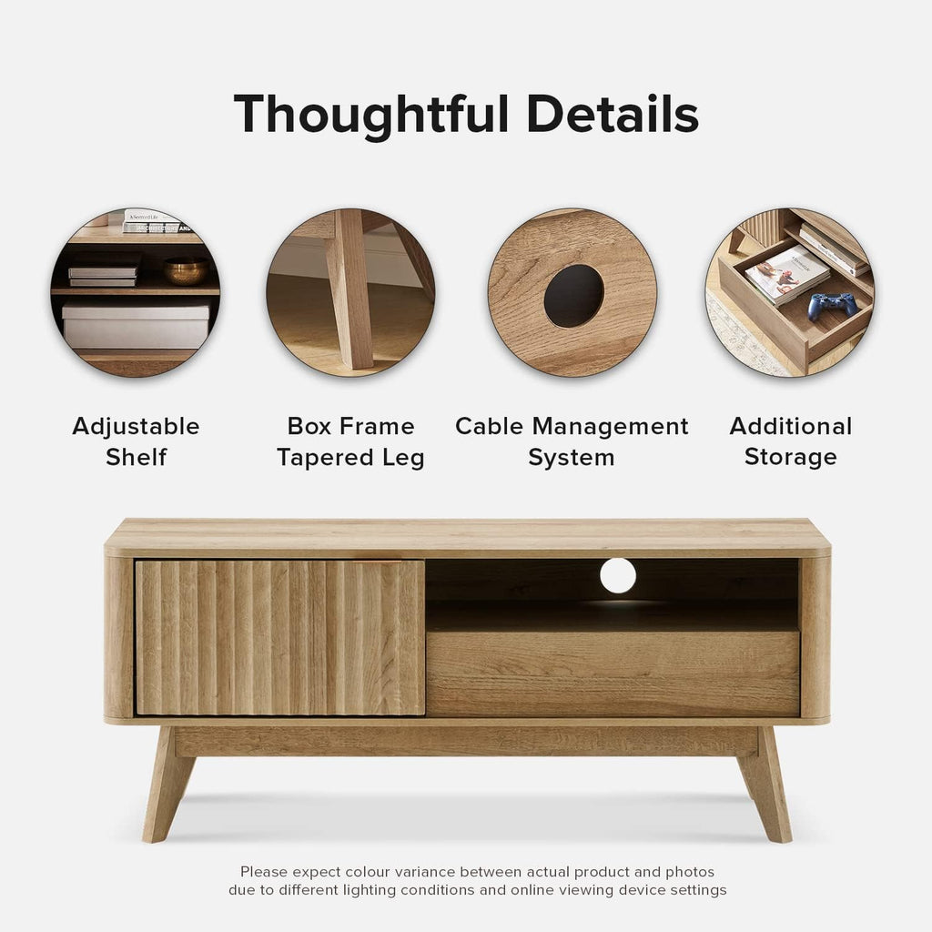 mopio Brooklyn Mid-Century Modern TV Stand, for TVs up to 50' / 59' Waveform Panel, Sleek Curved Profile with Adjustable Shelf and Sturdy Box Frame Leg (Golden Oak, 47')