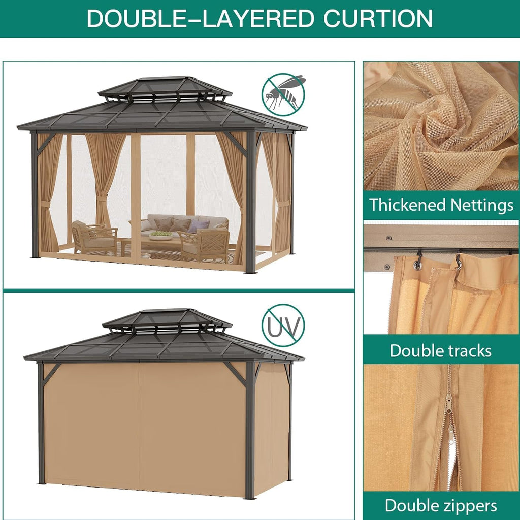 TROPOW 10×13 FT Hardtop Gazebo with Polycarbonate Double Roof, Khaki Aluminum Frame Outdoor Patio Gazebo with 2 Track Curtains & Netting, Water-Drainage, UV Protection, Permanent Backyard Canopy