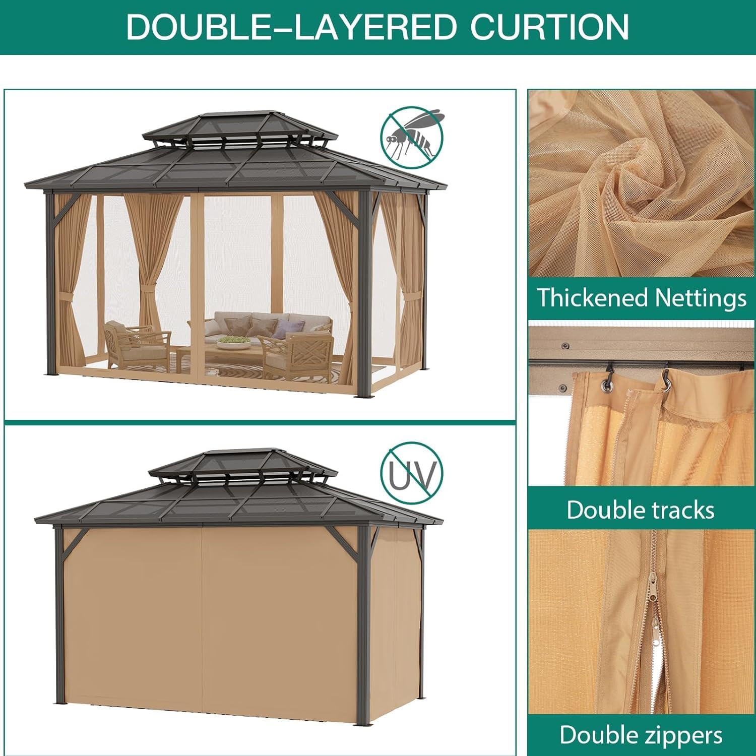 TROPOW 10×13 FT Hardtop Gazebo with Polycarbonate Double Roof, Khaki Aluminum Frame Outdoor Patio Gazebo with 2 Track Curtains & Netting, Water-Drainage, UV Protection, Permanent Backyard Canopy