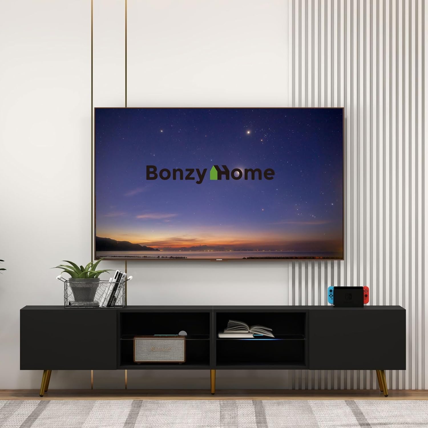 Bonzy Home 86' TV Stand, Modern Entertainment Center for 75' TV, Television Console Table with Storage Cabinets for Living Room, Black