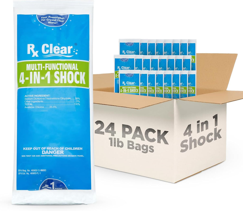 Rx Clear Multi-Functional 4-in-1 Swimming Pool Shock | 99% Sodium Dichloro-s-Triazinetrione Dihydrate | Kills Bacteria and Algae | One-Pound Bags | 24-Pack