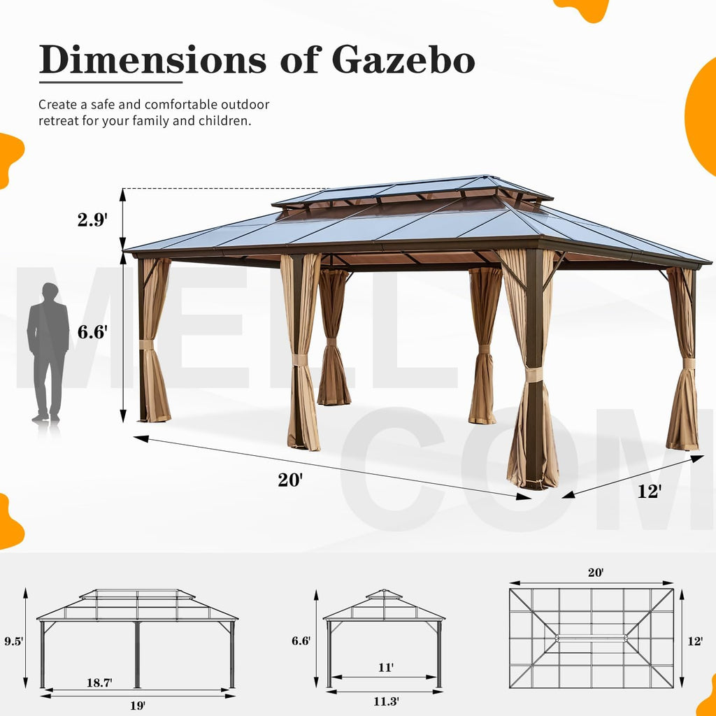 MELLCOM 12x20ft Hardtop Gazebo, Polycarbonate Double Roof Aluminum Gazebos, Outdoor Waterproof Pergola with Netting and Curtains for Backyard, Deck, Patio