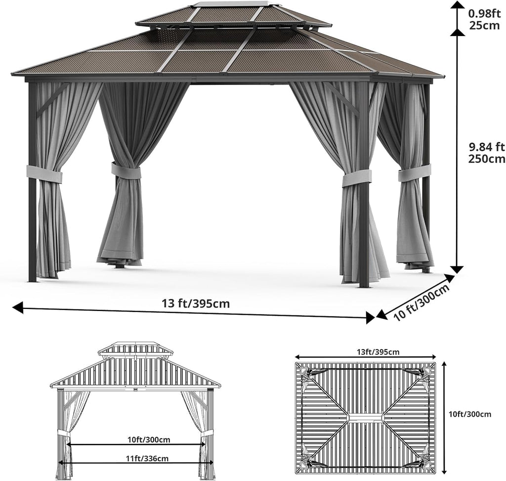 10'x12' Hardtop Gazebo - Heavy Duty Galvanized Steel Frame with Double Roof, Includes Netting & Curtains for Patio/Backyard (Gray)