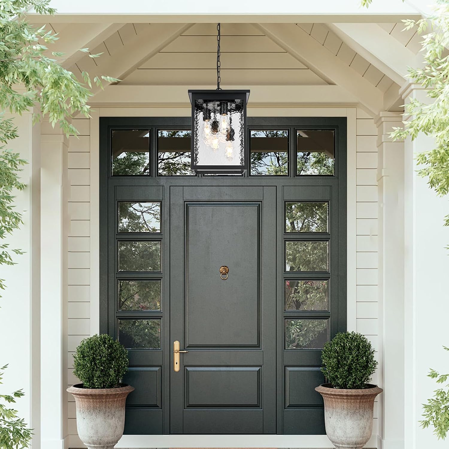 16.7'' Outdoor Pendant Lights for Porch, 4-Lights Black Exterior Pendant Light with Hammer Glass, Outdoor Porch Light Ceiling Mount Outdoor Hanging Light Fixture for Gazebo, Patio, Entryway