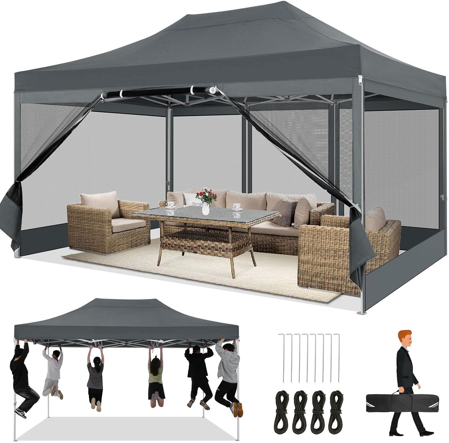 COBIZI 10x15 Heavy Duty Pop Up Canopy with 4 Sidewalls, Commercial Gazebo Party Tent with Mosquito Netting Wall Easy Set Up Outdoor Instant Screen Tent for Backyard, Patio, Garden, Gray