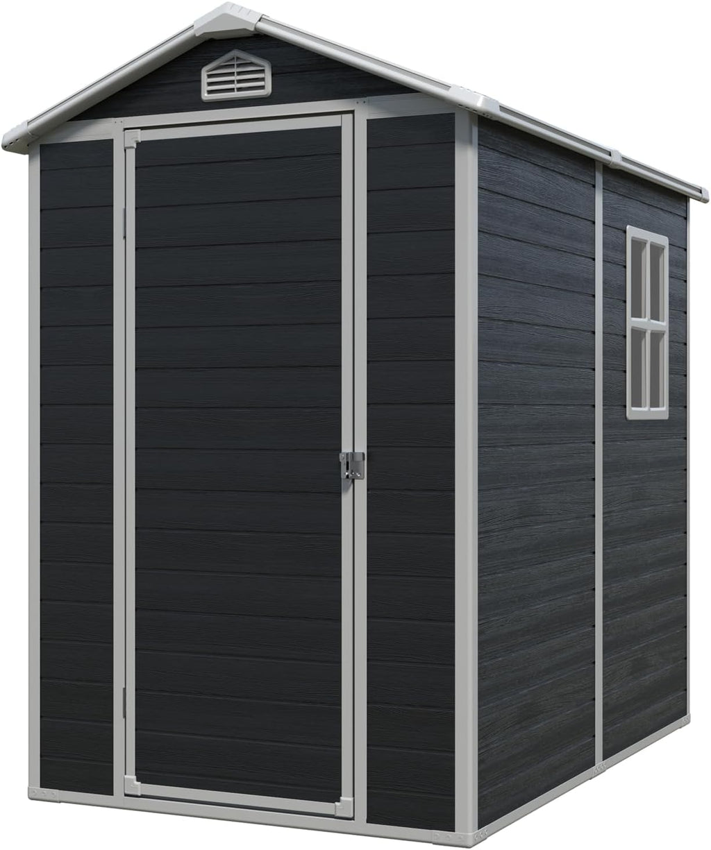 4x6 ft Outdoor Resin Storage Shed with Floor, Waterproof Plastic Garden Shed with Lockable Door and Windows, All-Weather Tool Sheds for Backyard, Patio, Lawn (Black)