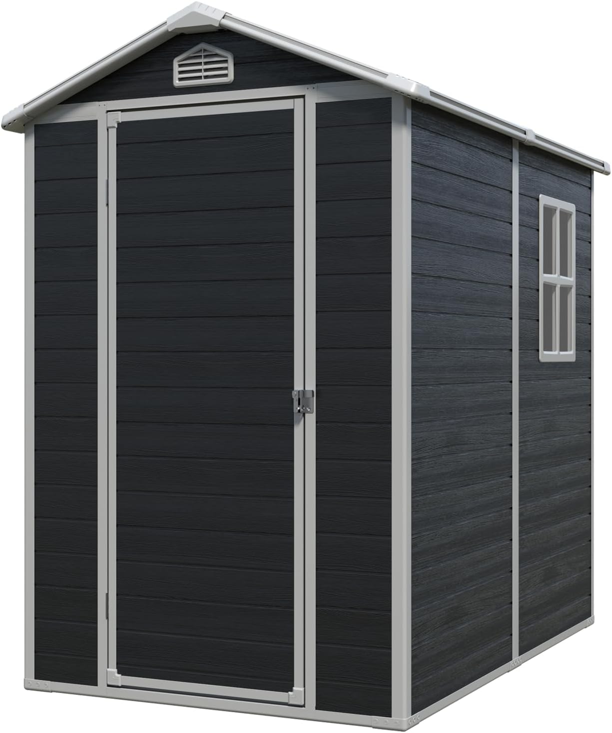 4x6 ft Outdoor Resin Storage Shed with Floor, Waterproof Plastic Garden Shed with Lockable Door and Windows, All-Weather Tool Sheds for Backyard, Patio, Lawn (Black)