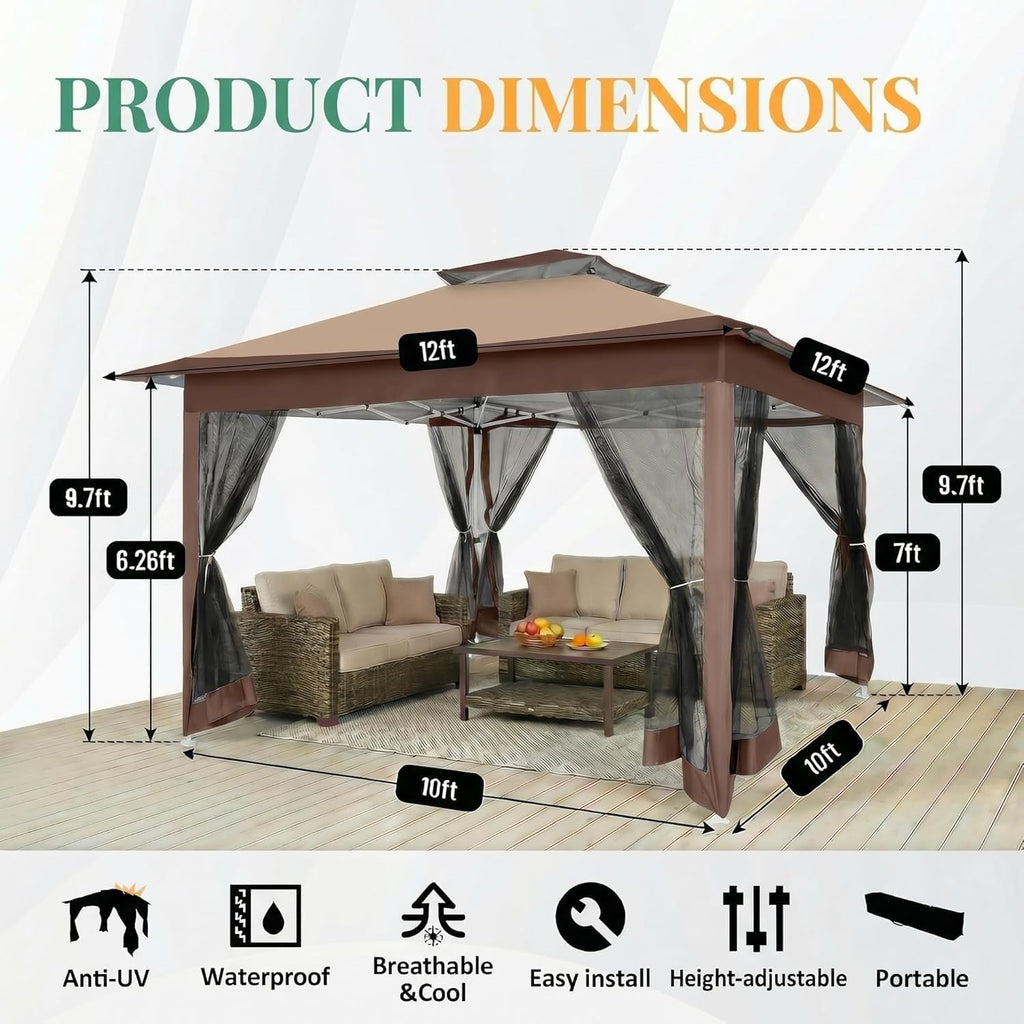 Hoteel 12x12 Pop Up Gazebos On Clearance - Upgrade Easy Up Metal Outdoor Gazebo Waterproof - Portable Gazebo with Mosquito Nettings