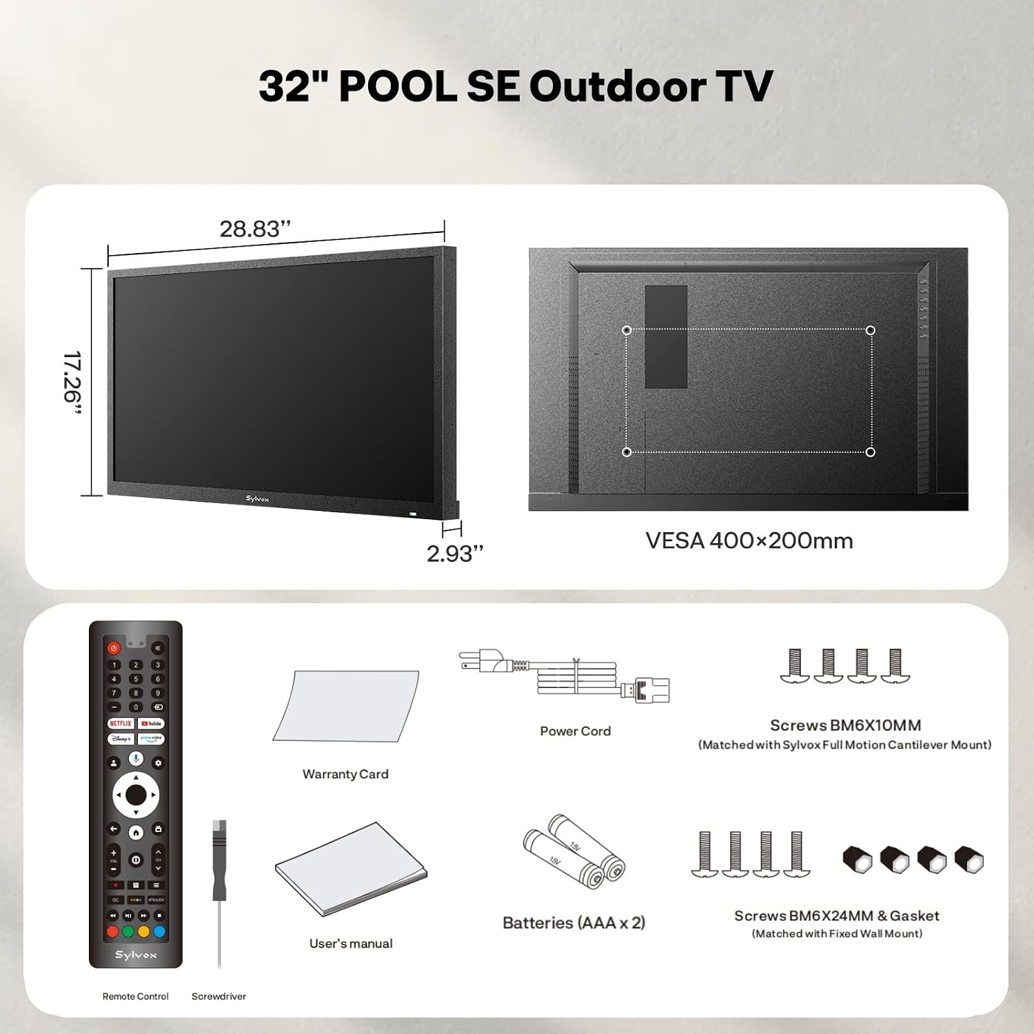 SYLVOX 32' Smart Outdoor TV,1080P Full Sun Outdoor Television with 1500 Nits High Brightness, IP55 Weatherproof TV for Outside, Google System WiFi Bluetooth Google Assistant Chromecast (Pool Se)
