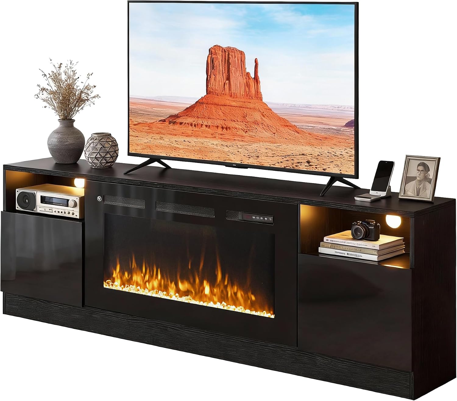 70' Fireplace TV Stand with 36' Electric Fireplace, LED Light Entertainment Center for TVs Up to 80', High-Gloss Door, Modern TV Console for Living Room with Storage Cabinet, Black+Black