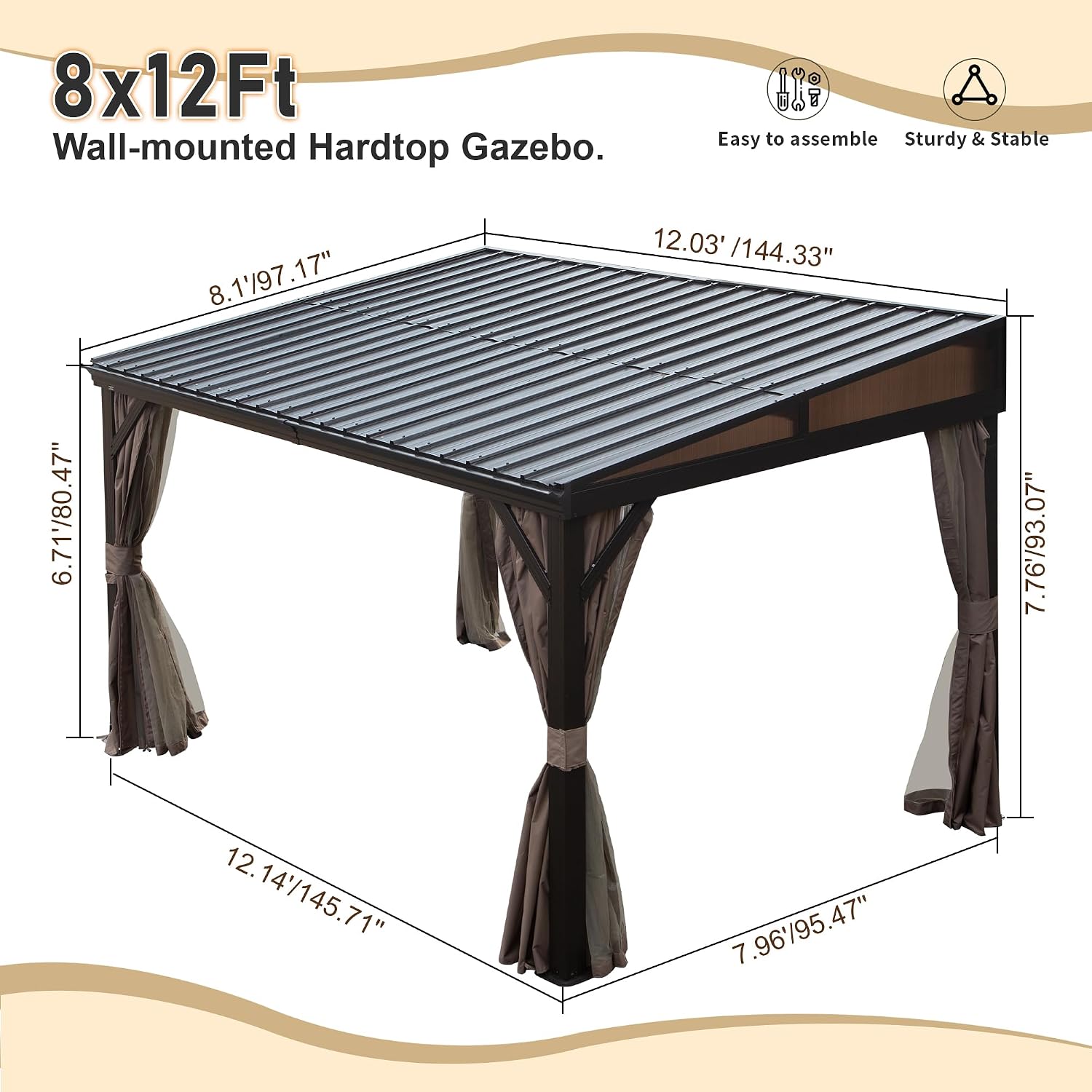 Domi 8x12FT Lean to Gazebo, Aluminum Wall Mounted Gazebo with Sloping Galvanized Steel Roof, Curtains and Netting, Outdoor Hardtop Shelter for Patio, Deck, Garden, Backyard
