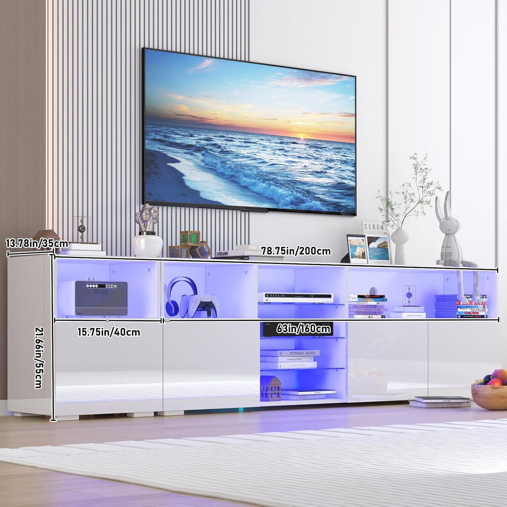 jiteentarou 79IN LED TV Stand for 75/80/85inch TV,High Glossy Modern TV Stand for Living Room,TV Entertainment Center with Adjustable Storage Shelf,RGB LED Lighting,TV Console(White)