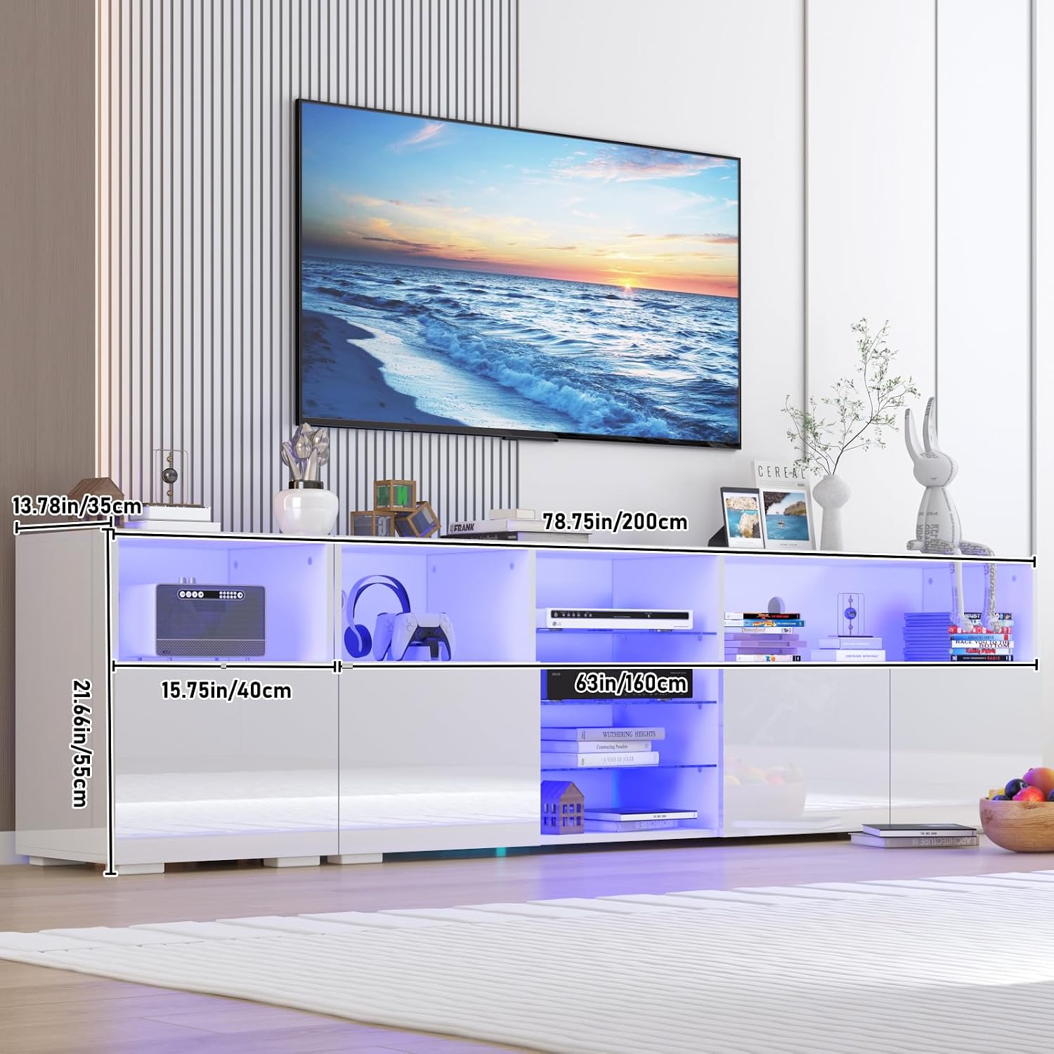 jiteentarou 79IN LED TV Stand for 75/80/85inch TV,High Glossy Modern TV Stand for Living Room,TV Entertainment Center with Adjustable Storage Shelf,RGB LED Lighting,TV Console(White)
