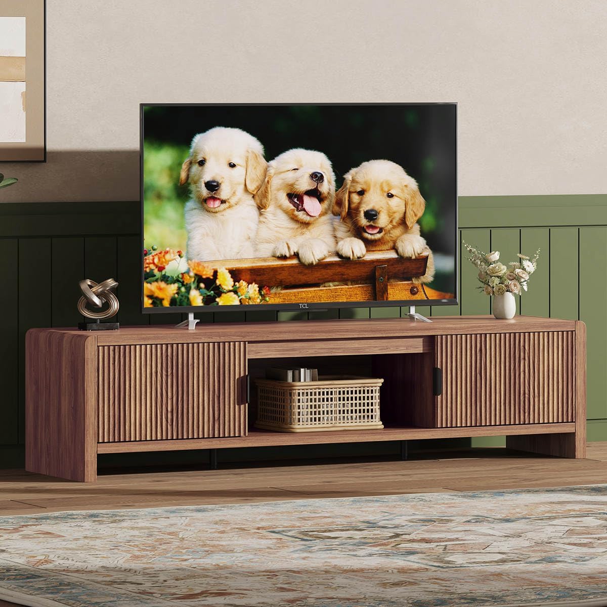 FATORRI TV Stand for 75/65/55 Inch TVs, Farmhouse Entertainment Center with Storage, Wood Waveform Fluted-Door Television Media Console for Living Room,Bedroom (63' W, Walnut)