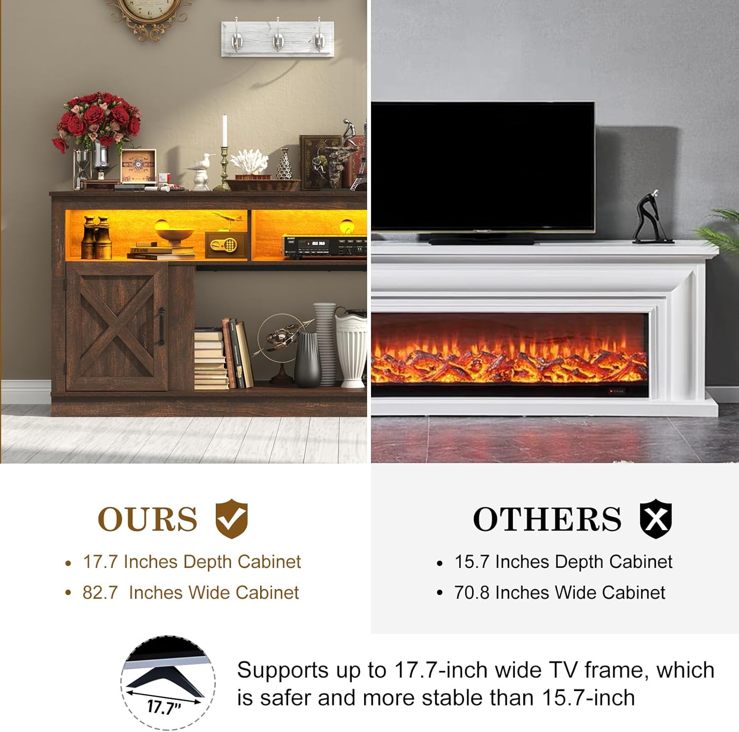jiteentarou Farmhouse TV Stand for 85/90/95 Inch TV, 32'Tall Entertainment Center w/LED Light, Large Media Console Cabinet w/Barn Doors & Adjustable Shelves for Living Room, Brown