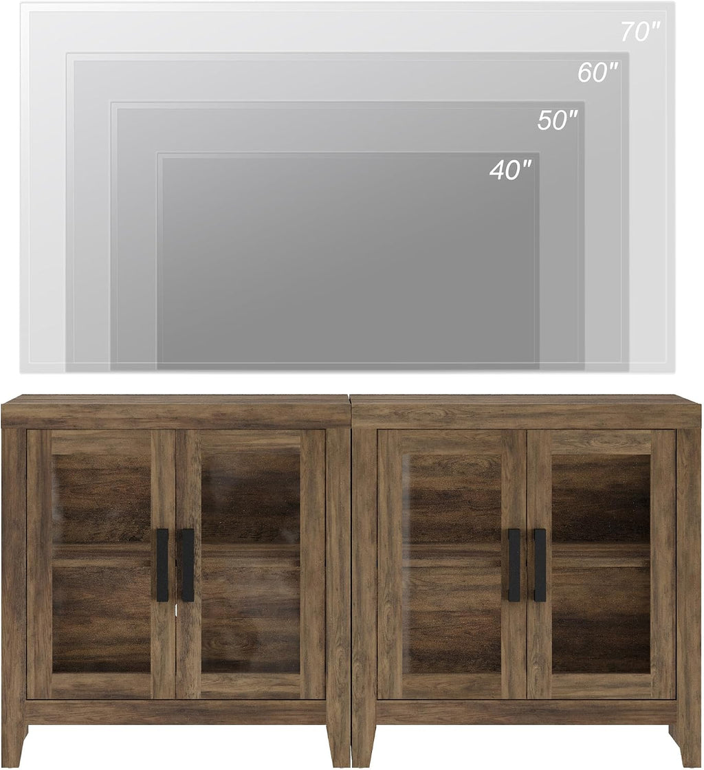 WAMPAT Farmhouse TV Stand for TVs up to 65', Rustic Wood Entertainment Center with Adjustable Shelf, Glass Doors & Storage, Media Console Cabinet for Living-Room, Bedroom, Brown