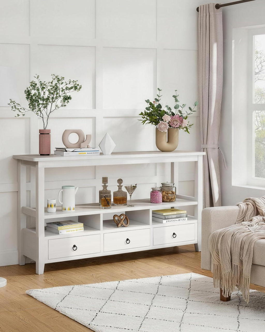 Karl home Console Table with 3 Bottom Drawers, 57.9' W Sofa Side Table Entryway Desk with 3 Storage Cubbies 1 Open Shelf, Vintage TV Stand for Hallway Living Room Office, White 29.9' H