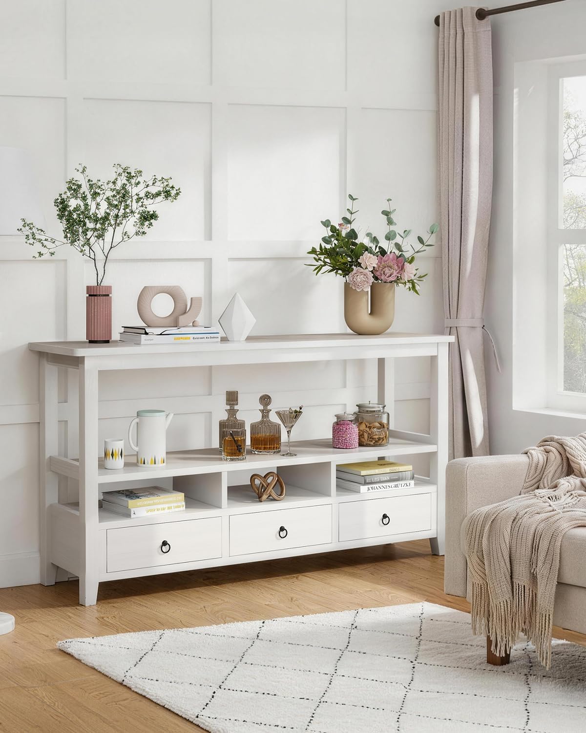 Karl home Console Table with 3 Bottom Drawers, 57.9' W Sofa Side Table Entryway Desk with 3 Storage Cubbies 1 Open Shelf, Vintage TV Stand for Hallway Living Room Office, White 29.9' H