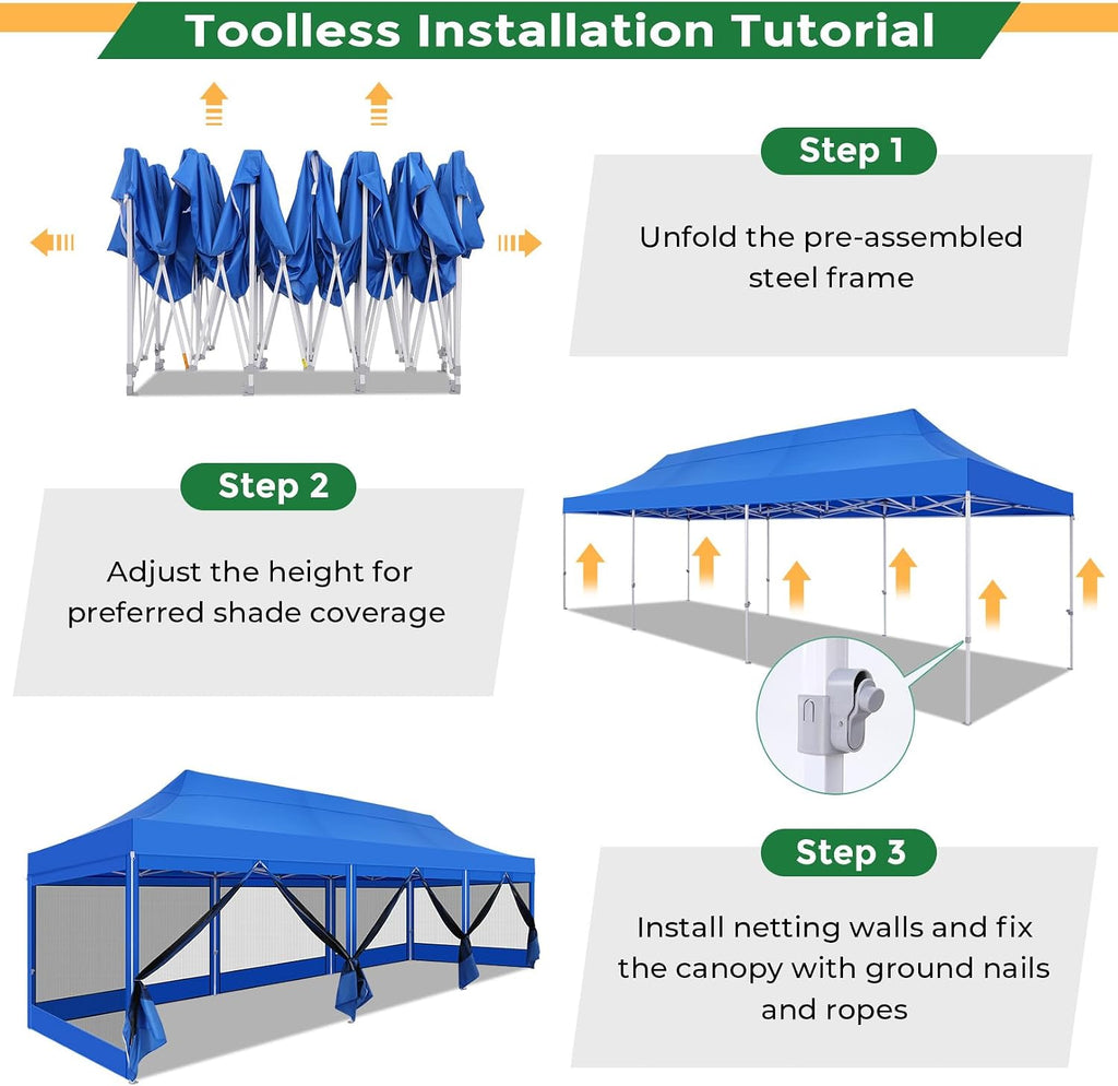 COBIZI 10x30 Heavy Duty Pop Up Canopy with 8 Mosquito Netting Wall, Easy Set Up Commercial Gazebo Party Tent, Outdoor Instant Screen Canopy for Backyard, Patio, Garden, Blue