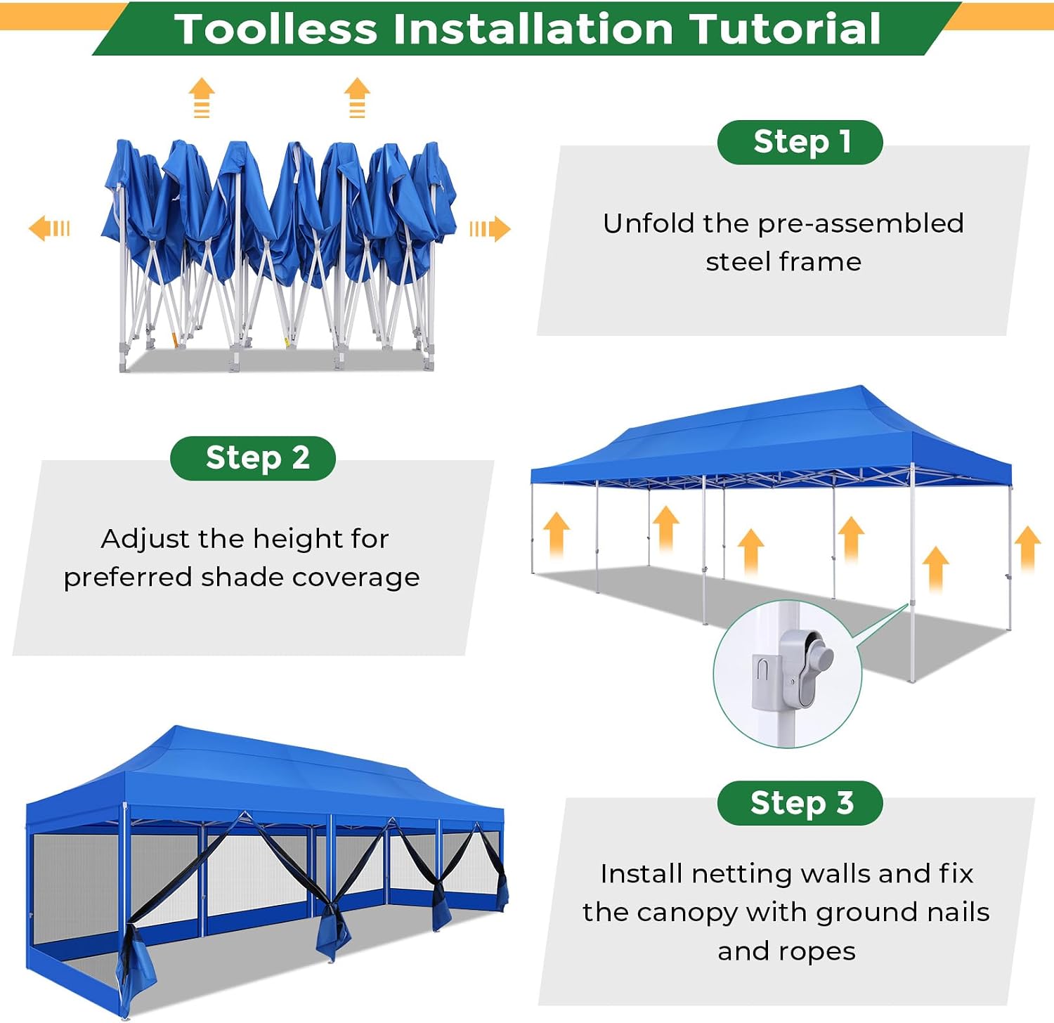 COBIZI 10x30 Heavy Duty Pop Up Canopy with 8 Mosquito Netting Wall, Easy Set Up Commercial Gazebo Party Tent, Outdoor Instant Screen Canopy for Backyard, Patio, Garden, Blue