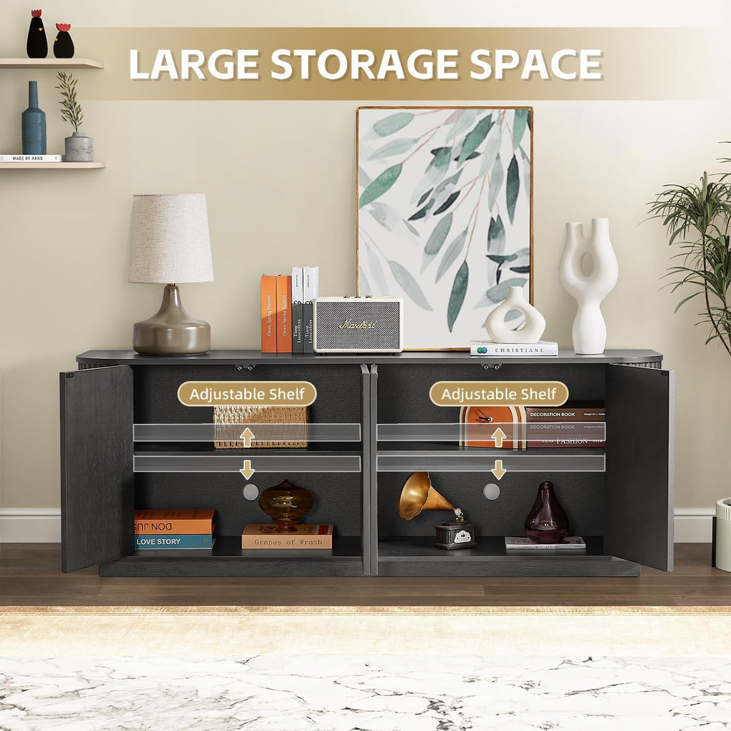 Fluted TV Stand for TVs Up to 75 Inch, Black Mid Century Modern TV Console for Living Room, Entertainment Center with Storage, Wood Media Console Cabinet with Rounded Corner