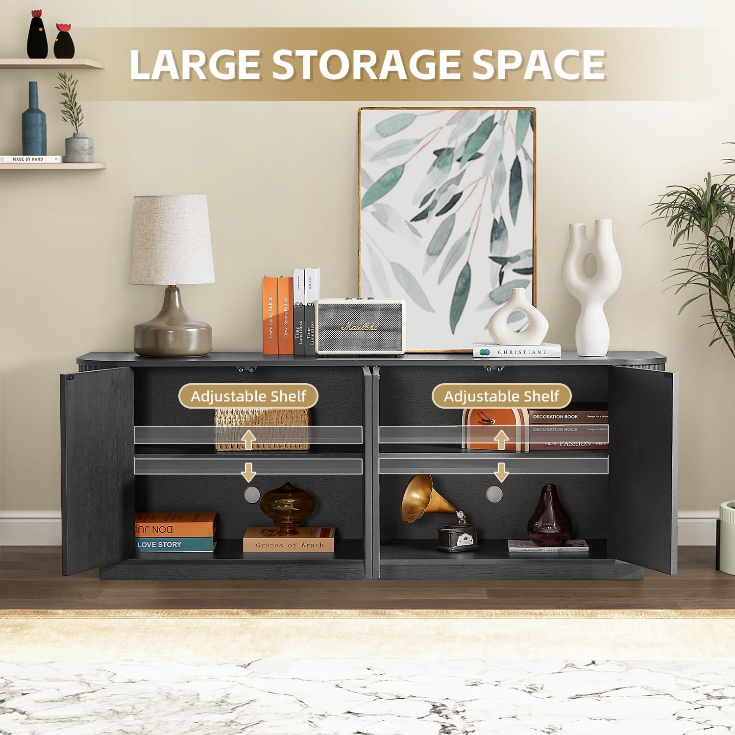 Fluted TV Stand for TVs Up to 75 Inch, Black Mid Century Modern TV Console for Living Room, Entertainment Center with Storage, Wood Media Console Cabinet with Rounded Corner