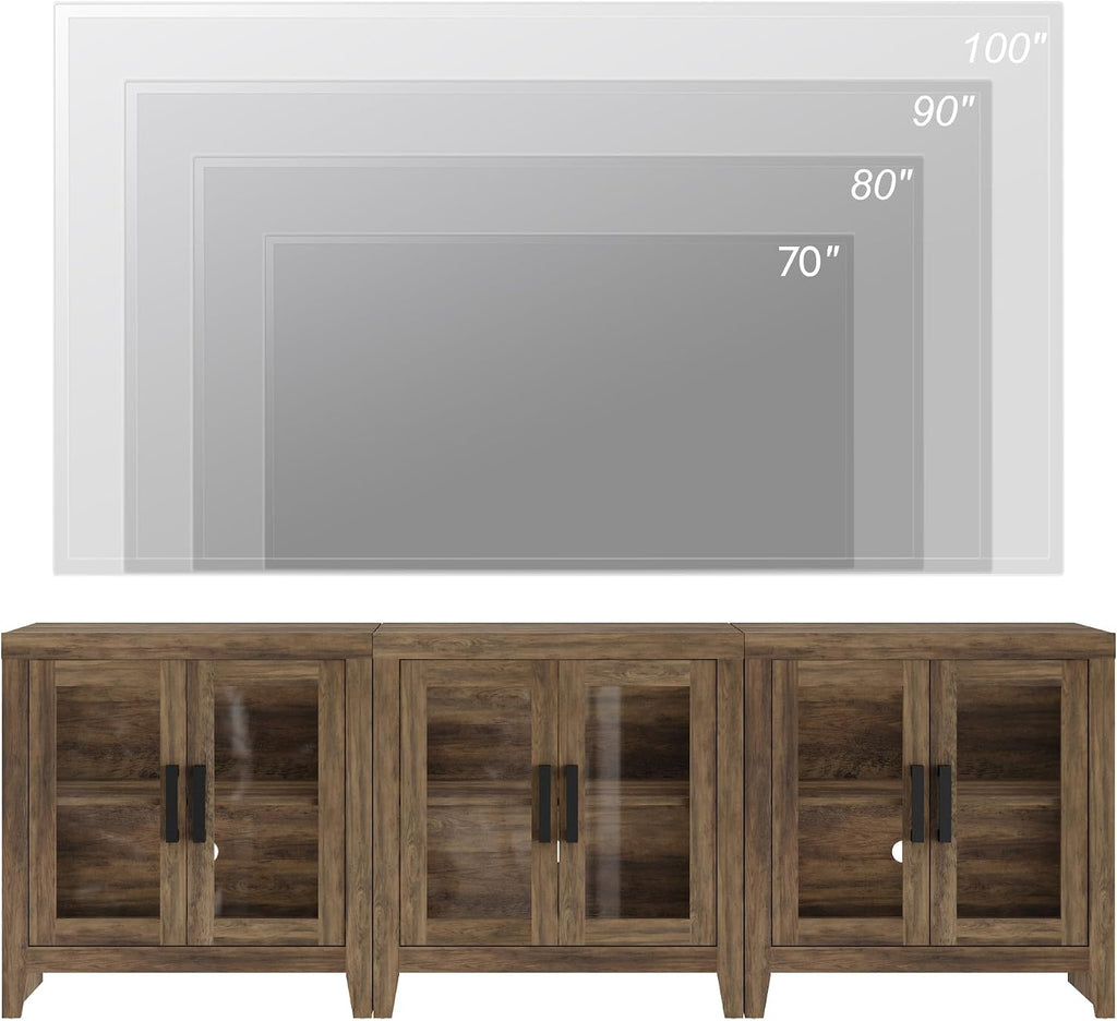 WAMPAT Farmhouse TV Stand for TVs up to 85', Rustic Wood Entertainment Center with Adjustable Shelf, Glass Doors & Storage, Media Console Cabinet for Living-Room, Bedroom, Brown