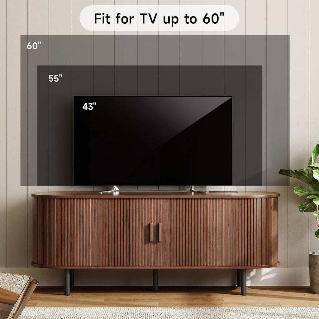 ONBRILL 55' TV Stand with Power Outlet for TVs up to 60 Inch, Entertainment Center with Storage and Adjustable Shelves, Modern Media Console with Sliding Doors for Living Room, Walnut