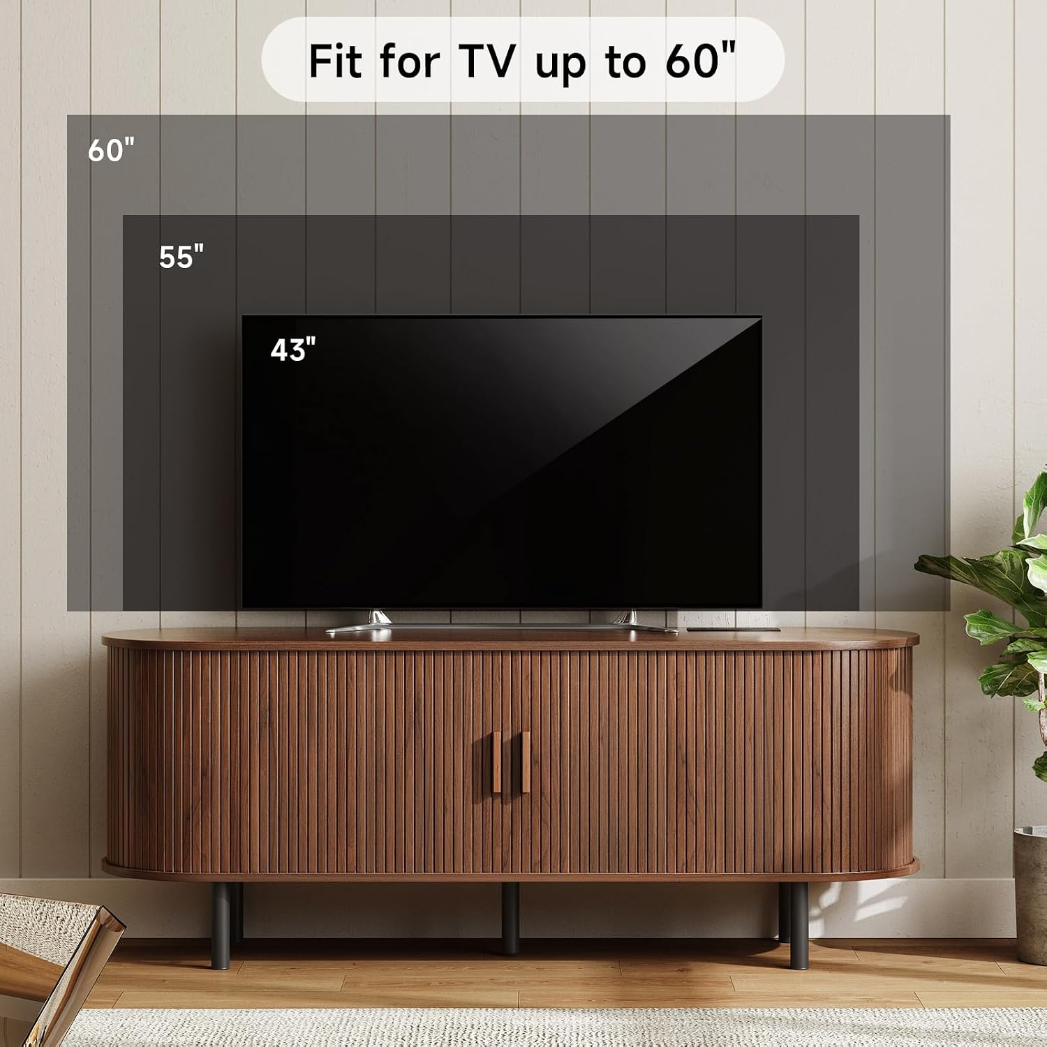 ONBRILL 55' TV Stand with Power Outlet for TVs up to 60 Inch, Entertainment Center with Storage and Adjustable Shelves, Modern Media Console with Sliding Doors for Living Room, Walnut