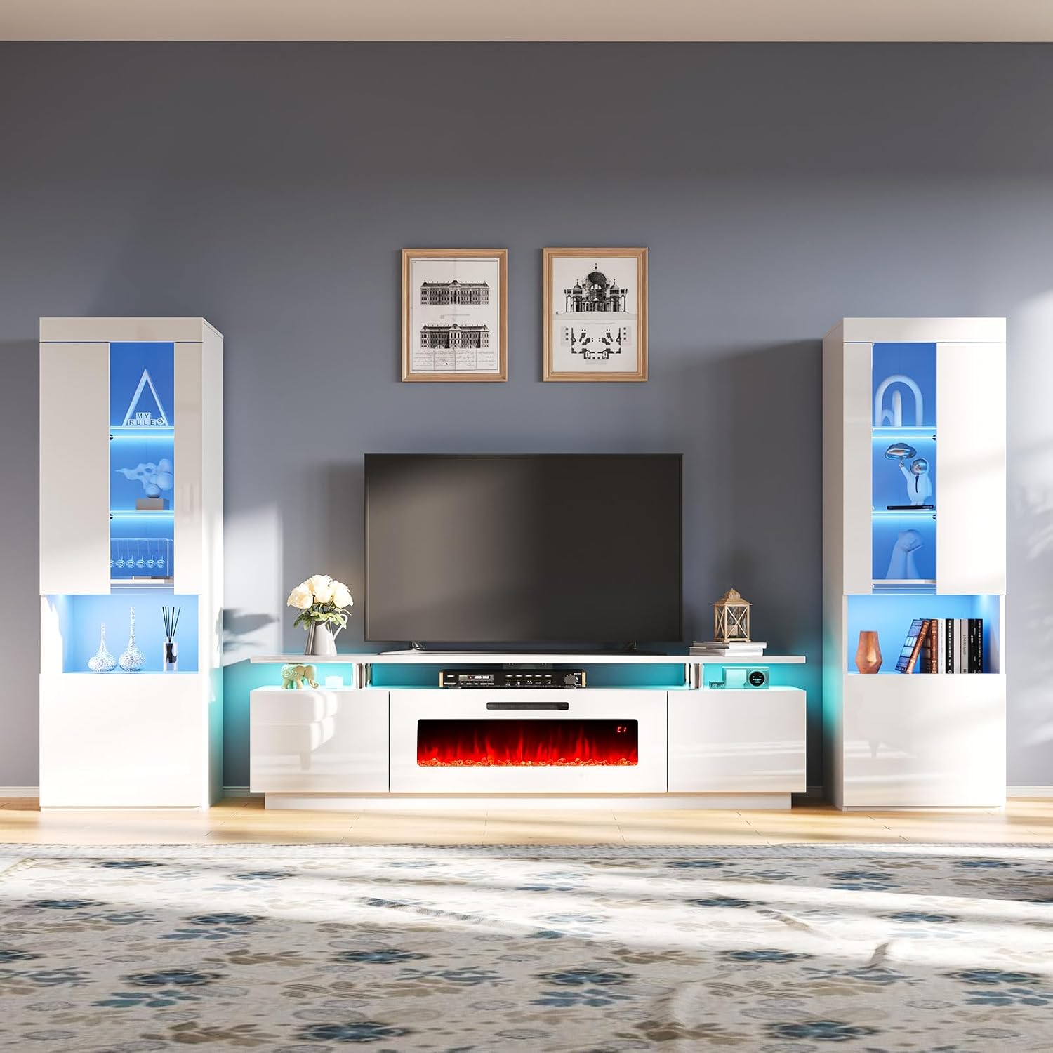 AMERLIFE Entertainment Center with Fireplace and Bookcases, Includes 80' 2-Tier Fireplace TV Stand with 40' Fireplace, 2 x High Gloss Bookshelves with LED Lights & Glass Doors, White
